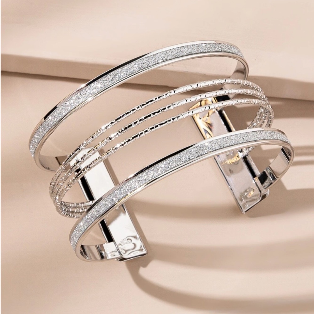 Bling Bling Cuff Bracelet White Gold Silver Grey Tone Embellished Glitter Shiny